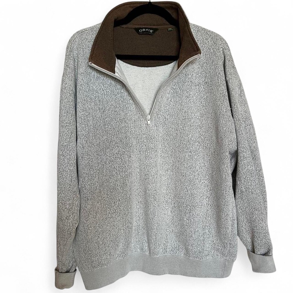 Orvis cotton blend light grey quarter zip pullover sweater brown collar large